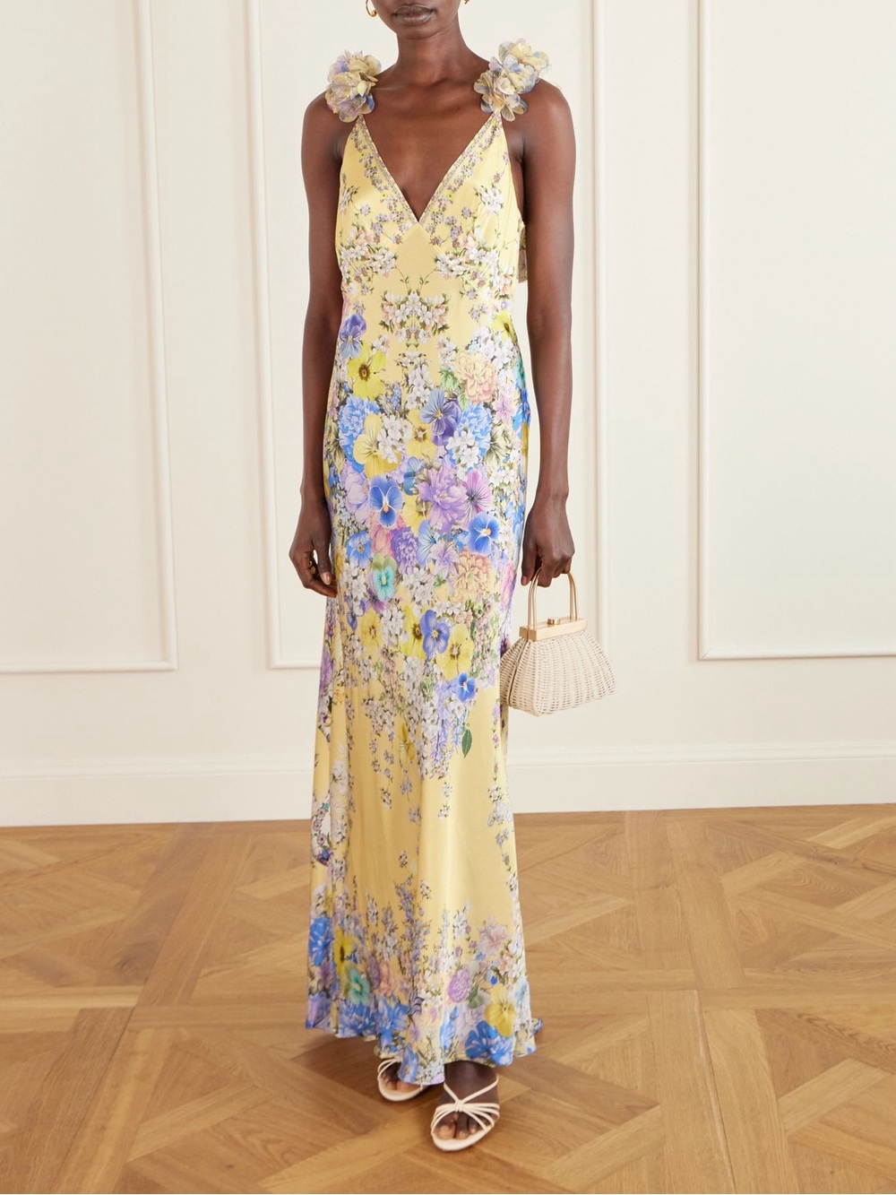 CAMILLA/ Appliquéd embellished floral-print silk-satin maxi dress